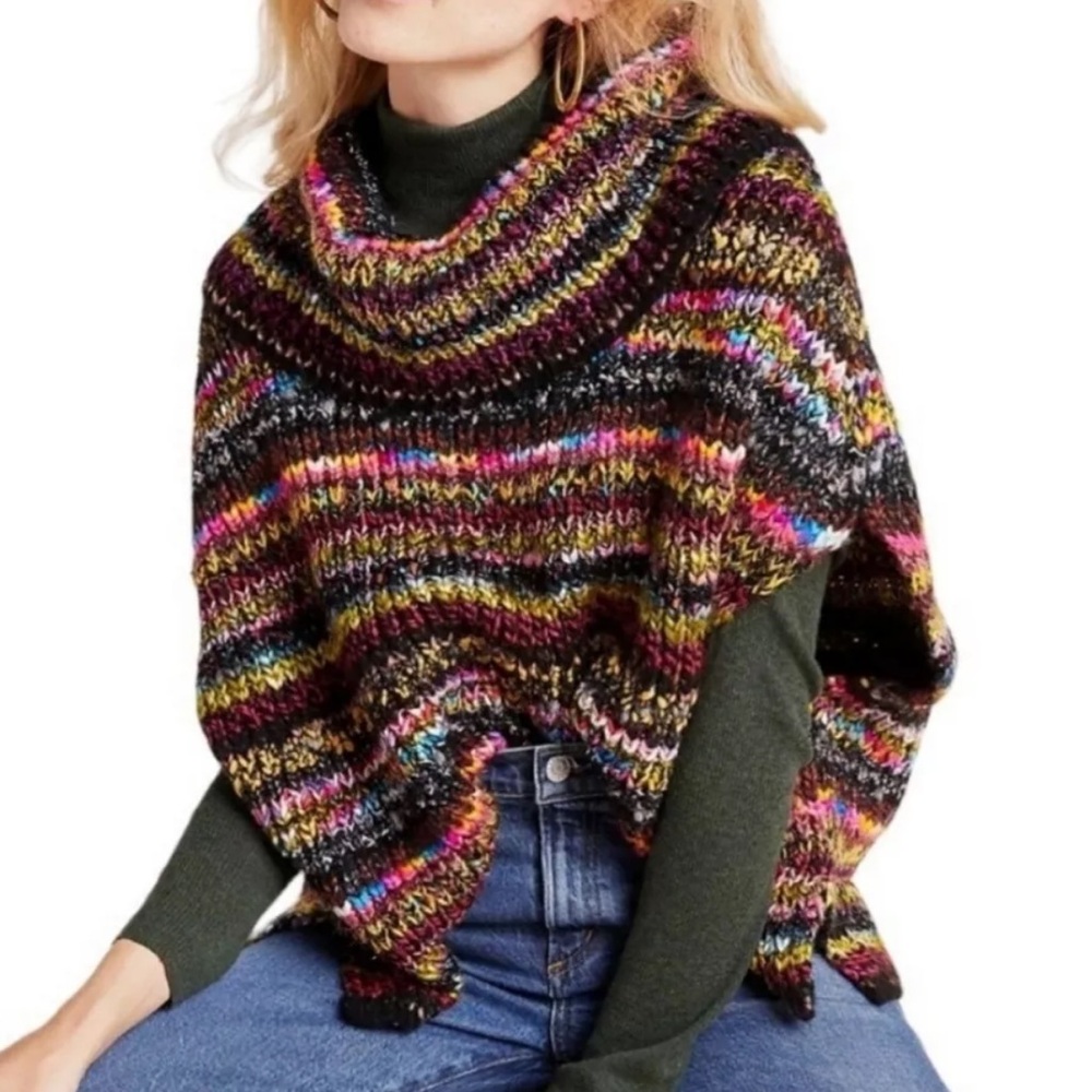 ANTHROPOLOGIE Piera Multicolor Bohemian Chunky Knit  Sweater Cape Poncho Sz M/L